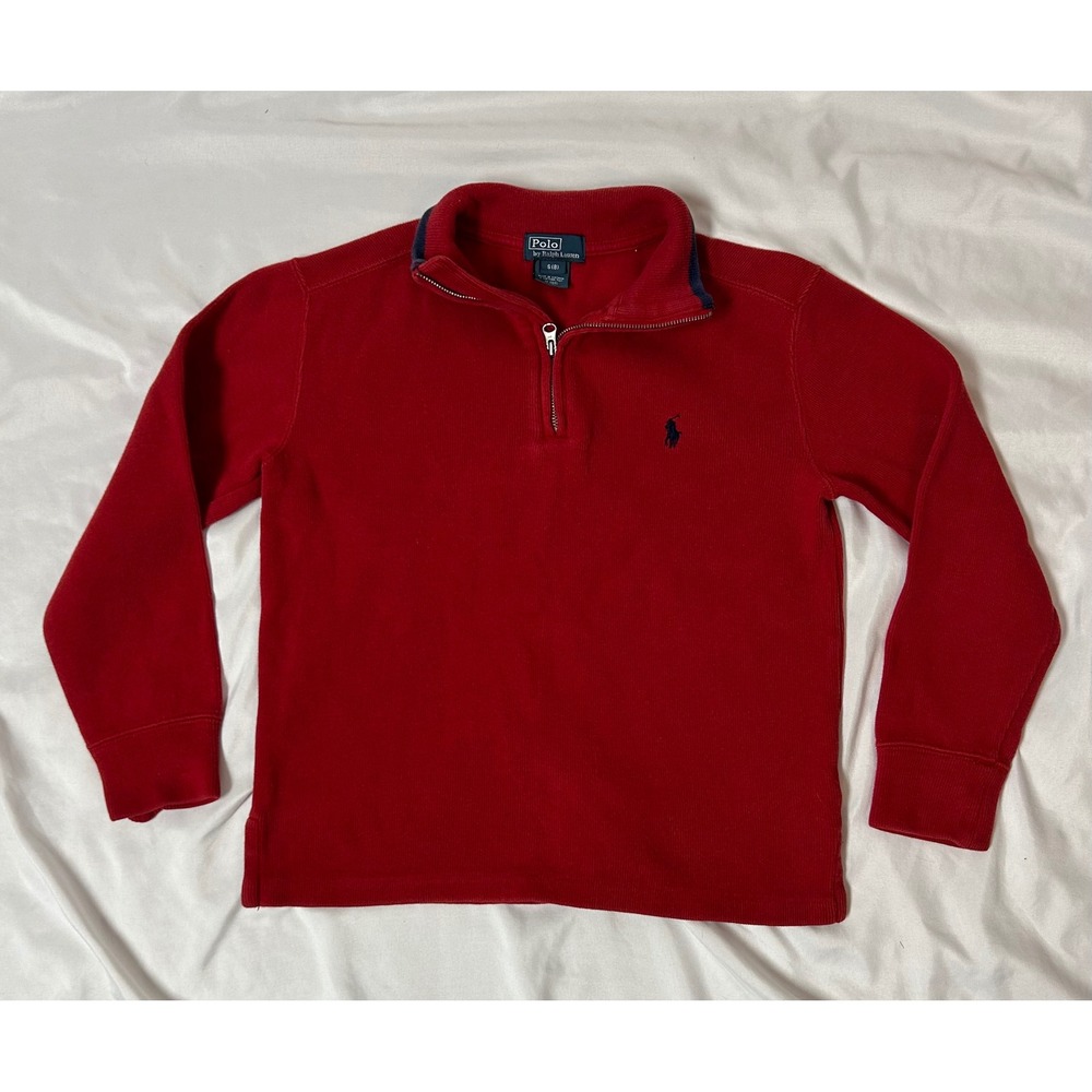 Polo Ralph Lauren Boys Red Ribbed Quarter Zip Pullover Sweater Size S 8